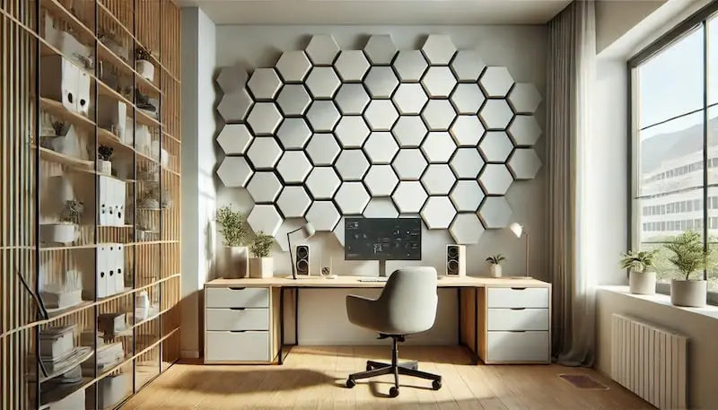 Hexagon Schallabsorber angeordnet in modernem Büro Musikraum Tonstudio Teaser Bild Blog Akustikelemente