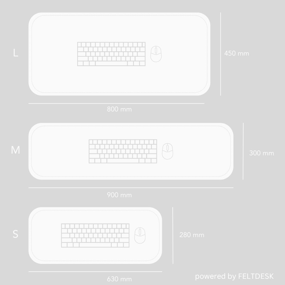 Technische Zeichnung von drei Schreibtischunterlagen in den Größen L, M und S mit den jeweiligen Abmessungen in Millimetern: L (800 mm x 450 mm), M (900 mm x 300 mm), S (630 mm x 280 mm), dargestellt auf hellgrauen Hintergrund.