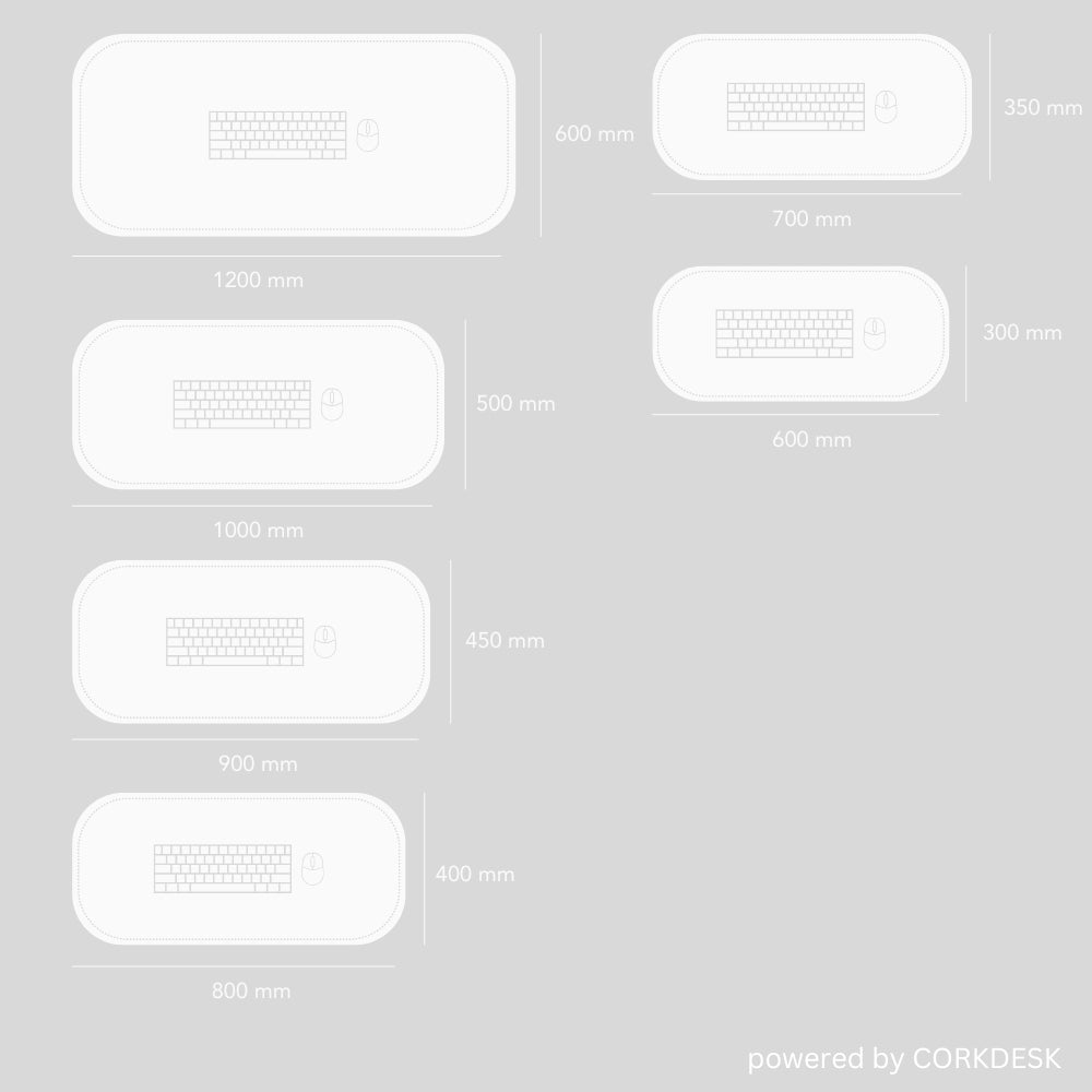 Übersicht der verschiedenen Größen der CORKDESK Schreibtischunterlage, von 1200 mm x 600 mm bis 600 mm x 300 mm. Abgebildet sind sechs verschiedene Abmessungen mit Platz für Tastatur und Maus. Text: „powered by CORKDESK“.